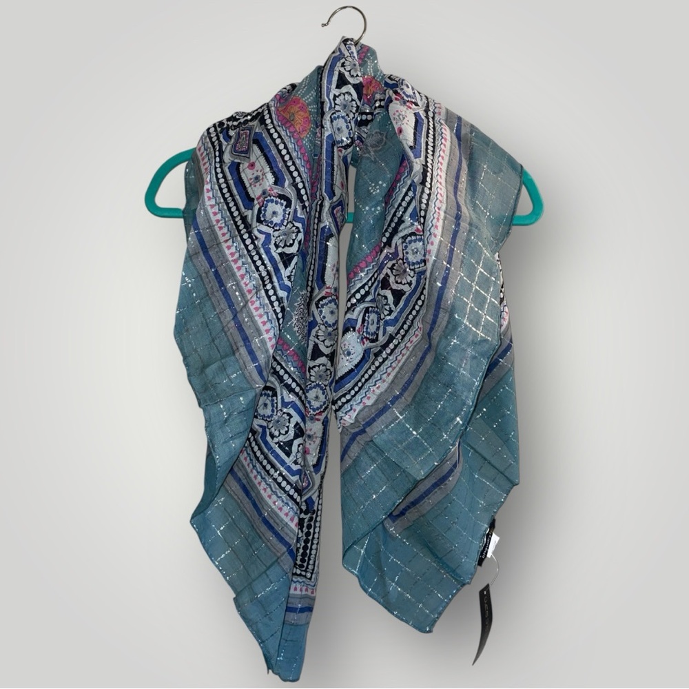 Chaudry Light Blue Patterned Floral Scarf with Silver Strands